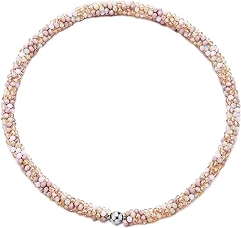 COOLSTEELANDBEYOND Pink Cream White Beads Crystal Statement Necklace Braided Chain Choker Magnetic Clasp
