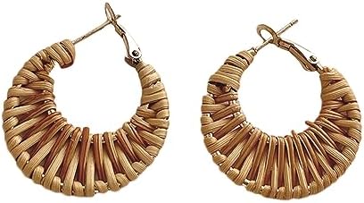 Handwoven Raffia Hoop Earrings with Alloy Chain for Women with Geometric Design – Lightweight, Summer Style Statement Jewelry
