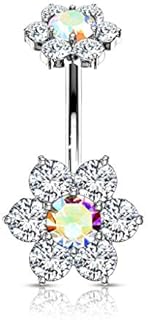 Beautiful Cubic-Zirconia Flower Design Belly Button Ring in Surgical Steel with Secure Internally Threaded Top