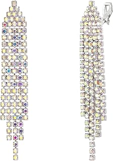 Women's EleQueen Clip-On Austrian Crystal Tassel Earrings - Alloy, Drop Design, Chandelier Style for Weddings & Bridal Parties