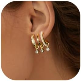 14K Gold Plated Cubic Zirconia & Pearl Cluster Design Huggie Earrings, Single Piercing Triple Hoop Earrings for Women, Stylish Yellow Gold Copper Split Hoop Earrings