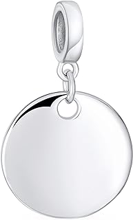 Engravable Charms for Bracelets with Rhodium-Plated Silver, Personalized Round Disc Design for Women and Teens, Ideal for European Bracelets, Bead Dangle Style, No Gemstone, Customizable