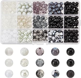 PH PandaHall Premium Acrylic Marble Glass Bracelet Beads in Black and White with 15 Varied Colors for Custom DIY Jewelry Making - Ideal for Earrings, Necklaces, and Bracelets, Round Design, Pack of 450 Pieces.