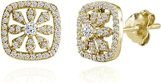 Yellow Gold Plated Sterling Silver Stud Earrings with Cushion-Shaped Cubic Zirconia Flower Design and Secure Push Back