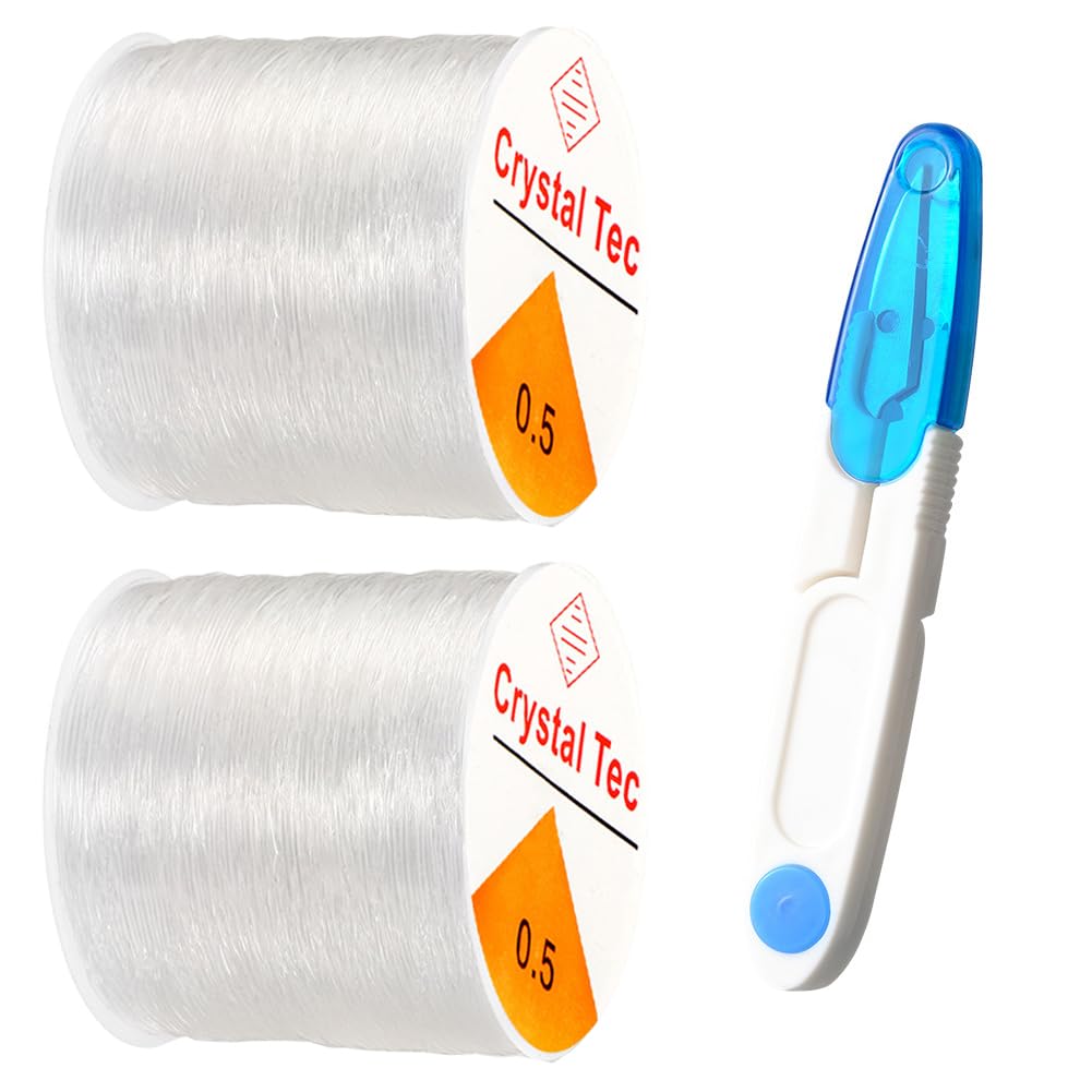 Elastic String for Bracelets 0.5mm, QBJAYTY 300M Clear Stretchy Bracelet String for Seed Beads, Letter Beads, Clay Bead String, Crystal Stretch Beading Thread Cord for Bracelet Making (2 Rolls)