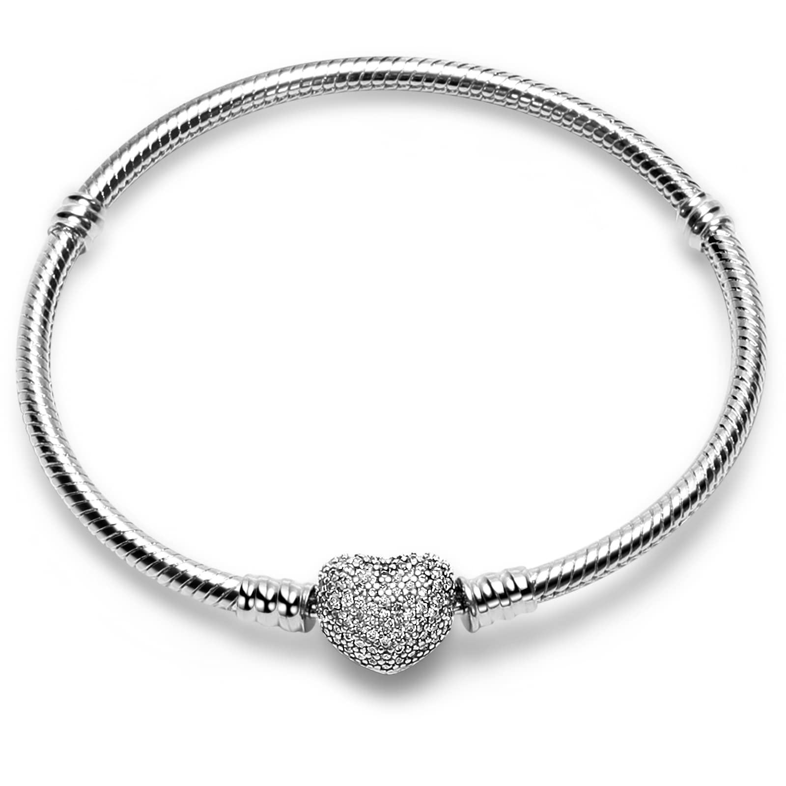 WAKCTFERG Charm Bracelet Fit For Charm Beads, 925 Sterling Silver Cubic Zirconia Heart Clasp Snake Chain Bracelet Fit Any Charm Gift for Women Girl