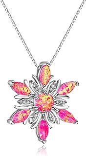 White Created Opal Snowflake Necklace Sterling Silver Cubic Zirconia Snow Flower Christmas Jewelry for Women Winter Gift