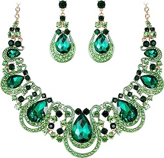 BriLove Women's Costume Fashion Crystal Teardrop Hollow Scroll Statement Necklace Dangle Earrings Set