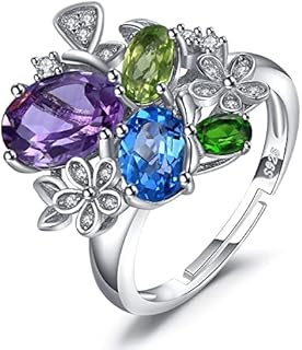 JewelryPalace Flower Genuine Amethyst Peridot Chrome Diopside Blue Topaz Cocktail Rings for Women, Adjustable Open 14k Yellow Rose Gold Plated 925 Sterling Silver Ring, Natural Gemstone jewelry Set