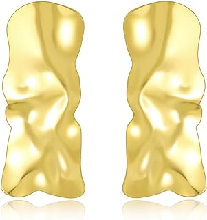 Chunky Gold Rectangle Big Stud Earrings, Brass-Made Hammered Texture Earrings, Edgy Geometric Design for Fashion-Forward Women