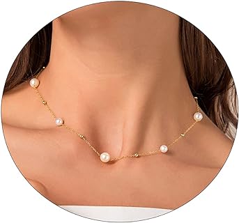 Dainty Pearl Choker Necklace 18K Gold Plated Adjustable Pearl Beaded Chain Necklace Bridesmaid Wedding Jewelry Gift for Women Girls