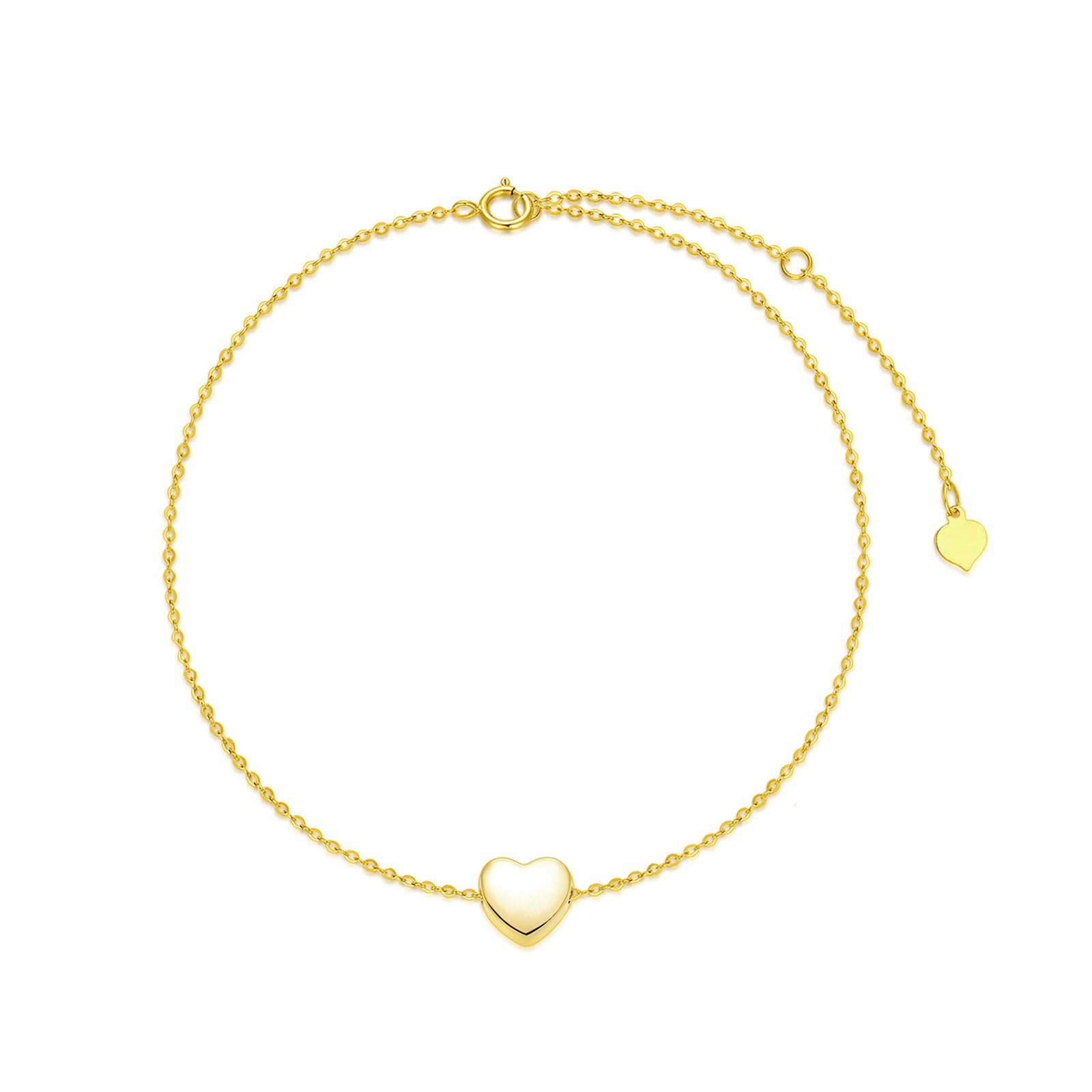 Stunning 14k Yellow Gold Heart Charm Bracelet for Women with D Color VVSI Moissanite and Rolo Chain, Lobster Claw Clasp