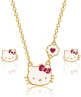 Hello Kitty Sanrio Girls Jewelry Set - Flash Plated 18+3 Necklace and Stud Earrings Officially Licensed