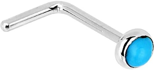 Stylish 14k White Gold USA-Made L-Shaped Nose Stud Ring with 2mm Turquoise Gem, 20 Gauge, 1/4" Length