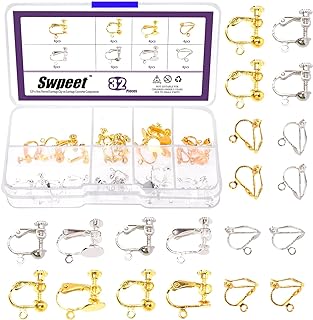 Swpeet 32Pcs 4 Styles 2 Color Non Pierced Earrings Clip-on Earrings Converter, Gold and Silver Non-pierced Earring Findings Dangle Earring Clips with Screw Back for None Pierced Ears Jewelry