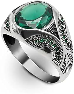 Men's Oxidized Sterling Silver 2CT Emerald Wedding Ring, Turkish Handmade Customizable Name-Engraving Green Gemstone, Ideal for Engagement/Wedding, Sizes 4-16 Available