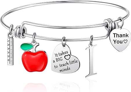 MTLEE Appreciation Stainless Steel Bangle Key Ring Bracelet Gift for Teachers with Box Chain and Initial Design