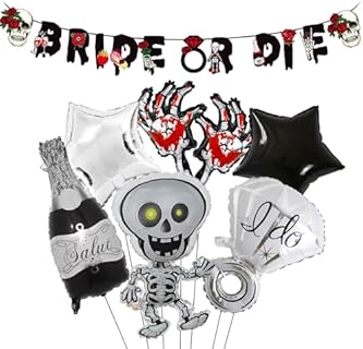 Urlax Halloween Bachelorette Party Decor Set in Black and Silver with Skull and Ring Foil Balloons, for Bridal Showers and Engagement Parties