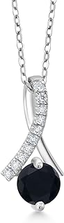 Gem Stone King 925 Sterling Silver Round Black Onyx and White Moissanite Ribbon Pendant Necklace For Women (0.95 Cttw, Gemstone Birthstone, with 18 Inch Silver Chain)