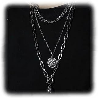 YERTTER Unisex Emo Choker Necklace with Figaro Chain, Layered Silver Coin Pendant, Zinc Construction, Ideal Gift for Valentine's Day, Chunky Design Fit for Both Men and Women