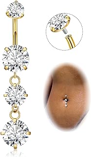 G23 Titanium Cubic Zirconia Dangle Belly Button Ring for Women - Dangling Navel Jewelry with Curved Barbell & Internal Thread - Hypoallergenic Belly Piercing Accessory.