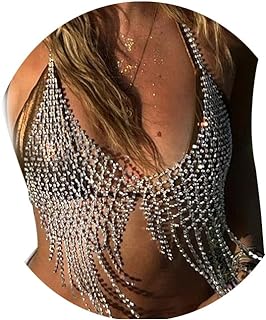 Rhinestone Tassel Bra Body Chain Sexy Bikini Top Shirt Crystal Lingerie Body Chain Festival Rave Fringe Top Body Jewelry Rhinestone Underwear Chain for Women Party