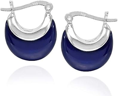 AeraVida Stylish Crescent Half-Circle Simulated Blue Lapis-Lazuli Stone Sterling Silver V-Lock Huggie Earrings | Navy Blue Hoop Earrings | Blue Half Moon Earrings
