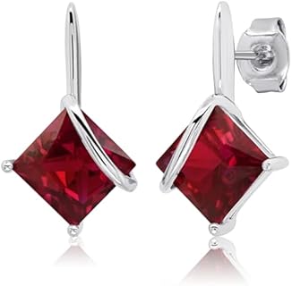 925 Sterling Silver Princess Cut Gemstone Square Drop Dangle Earrings for Women 7mm in Various Birthstones with Push Backs by MAX + STONE