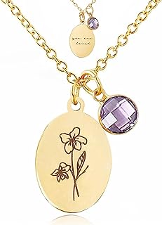 JIURUN Birth Flower Necklace for Women Mom,18K Gold Plated Dainty Birthstone Pendant Handmade Necklaces Personalized Floral Pendant Birthday Gifts Mothers Day Valentines Day Gift For Girl