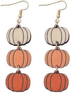 French Wire Back Pumpkin Dangle Earrings with Wood Gems for Women and Girls - Double-Sided Cartoon Halloween Design