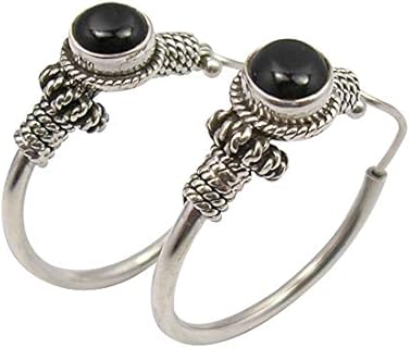 Authentic Indian Onyx Tribal Hoop Earrings with Hook Back Finding in Sterling Silver for Women