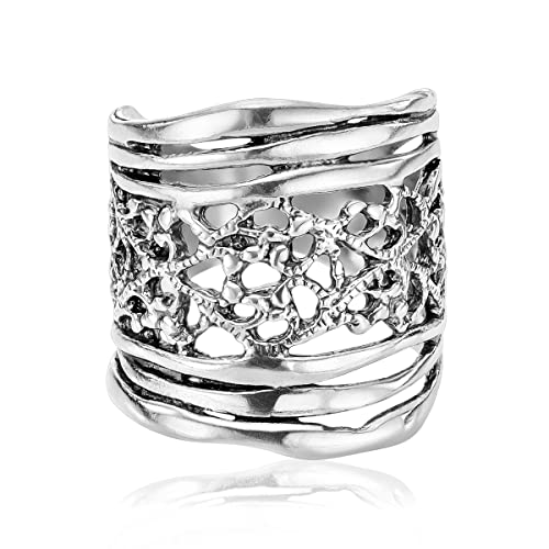 925 Sterling Silver Shield Ring Lace Look, Multi Textured, Oxidized, Vintage Look Stylish Hypoallergenic, Nickel and Lead-free, Artisan Handcrafted Designer Collection Made in Israel (Size 5-11)