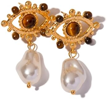IBARA Dangle Earrings for Women Gold Evil Eye Earrings Drop Turquoise Tiger Eye Pearl Earrings 18K Gold Plated Filled Boho Beach Delicate Simple Hypoallergenic Ear Evil Eye Jewelry Gift