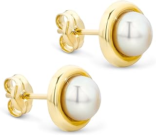 14k Yellow Gold 7mm Freshwater Pearl Stud Earrings with Hoop Design for Women - Sophisticated Handmade Jewelry from Spain