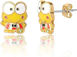 Enchanting Peridot Crystal-Embellished Enamel Stud Earrings in Keroppi Design, Push Back Brass for Women, 18kt Gold Plated