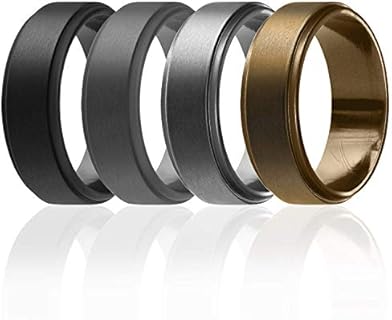 ROQ Silicone Wedding Ring for Men, 4 Packs & Singles Silicone Rubber Wedding Bands - Step Edge Sleek Design - Metallic, Black and Camo Colors