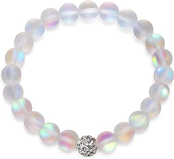 Mystic Mermaid Glass Friendship Bracelet with 8 mm Frosted White Glowing Moonstone Beads