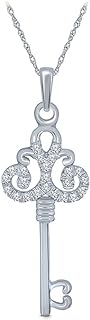 Elmas 1/10CT Round White Diamond 10K White Gold Dainty Key Pendant Necklace for Women