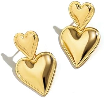 18K Gold Plated Double Heart Drop Earrings with Push Back, Hypoallergenic Stainless Steel Dangle Design for Women Girls