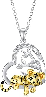 Box-Chain Lion Pendant Sterling Silver Necklace with Cubic Zirconia Gem for Women, Inspired by Tree of Life Design