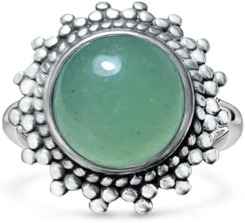 Round Sunflower Sun Ring for Women,S925 Sterling Silver Retro Natural Oval Genuine Quartz Crystal Gemstone Turkish Stone Ring Jewelry Gift for Her