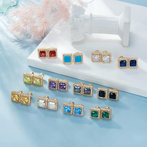 Stud Earrings For Women Men 2 Pairs Sterling Silver Post Gold Plated Round Princess Cut Multcolors Cubic Zirconia CZ Birthstone Jewelry Gifts weinuo