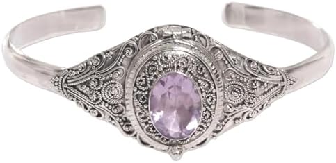 NOVICA Artisan Handmade Amethyst Locket Cuff Bracelet Sterling Silver Indonesia [1.7 in L x 0.4 in W] ' Watchful Eye'