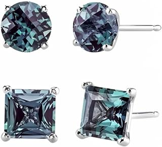 18K White Gold Plated Round & Princess Cut Created Alexandrite Stud Earrings with Push Back for Women