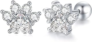 Cubic Zirconia Paw Print Stud Earrings with Screw Back in Sterling Silver - Hypoallergenic and Versatile Jewelry for Women and Teens - Perfect Gift for Animal Lovers