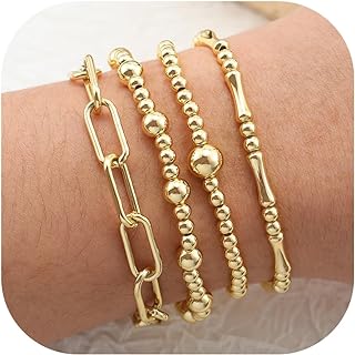 14K Gold Plated Bead Bracelet Set, Non-Tarnish and Elastic with Adjustable Link Charm Chain - Sophisticated Brass Jewelry for Women, 7 Inch Length, Stackable Design