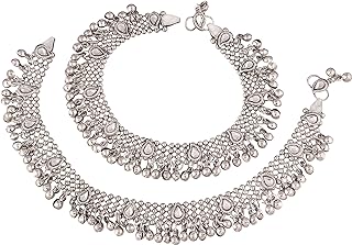 I Jewels Indian Bollywood Silver Plated Wedding Set of 2 Anklet Payal Charm Ankle Bracelet Ethnic Fashion Barefoot Jewelry for Women (A021-1)
