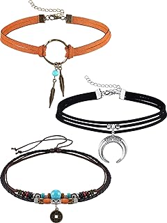 Hicarer 3 Pieces Suede Choker Necklaces American Indian Feather Handmade Necklaces Adjustable Leather Turquoise Choker Necklace Moon Crescent Pendant Choker for Women Accessories