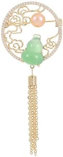 14k Gold Handmade Brooch, National Style Retro Pin Natural Freshwater Pearl Fulu Corsage Cheongsam Accessories Tassel Auspicious Cloud Brooch