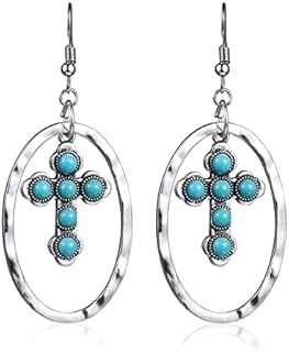 Natural Turquoise Dangle Metal Large Oval Earrings Vintage Statement Teardrop Earrings Bohemian Delicate Cowgirl Hoop Earrings for Women Girls (Cross)